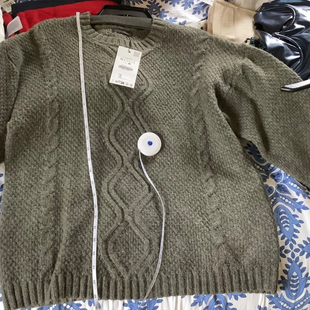 ZARA Men Cable Knit Sweater Gray Green SZ XL
